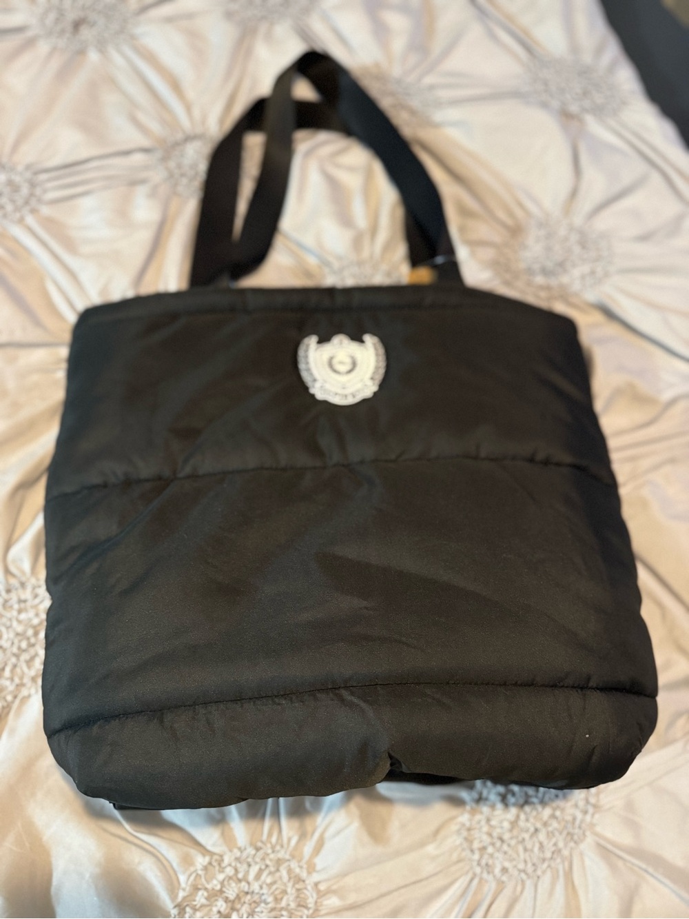 Pink victoria secret tote Black Quilted Tote Bag with Crest Accent